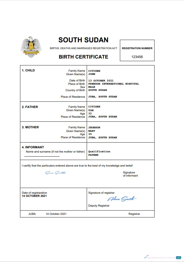 Download South Sudan vital record birth certificate Word and PDF template Photoshop template